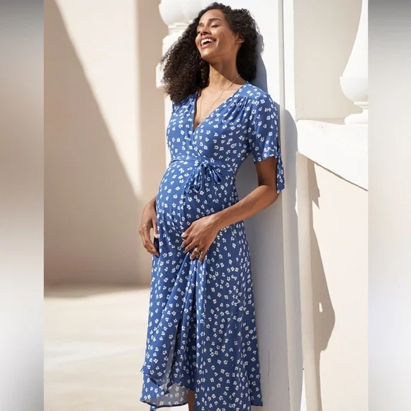 Seraphine Bessie Maternity Midi Wrap Dress Blue Women's Size 16 - Picture 4 of 7